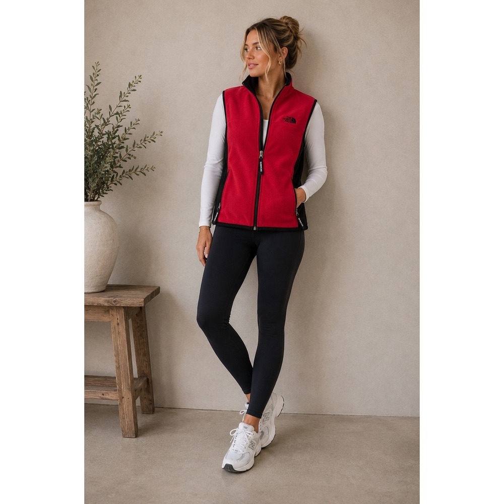 The North Face Vintage Mens Fleece Vest Red Black Full Zip Medium M